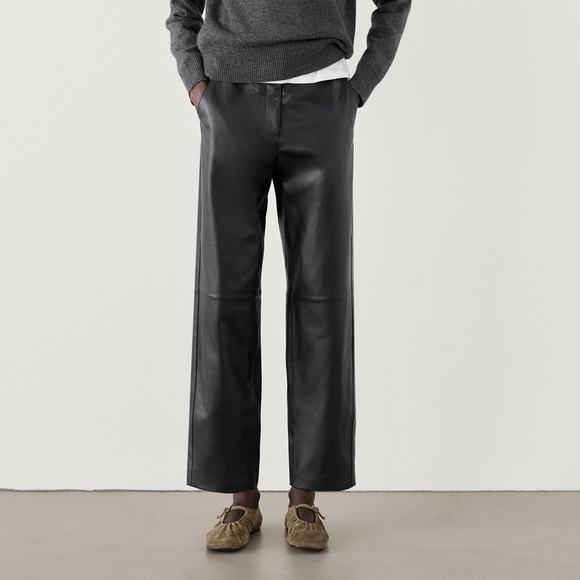 NWT Massimo Dutti Women's Nappa Sheepskin Leather Trousers Black